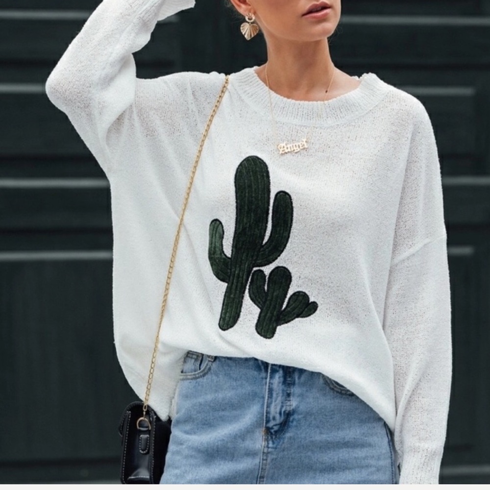 Cactus embroidery drop shoulder oversized sweater